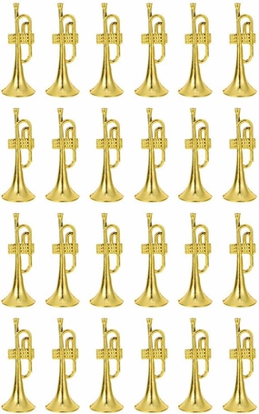 24pcs Gold Brass Trumpet Ornament Decoration - Golden Plastic Trumpet DIY Scene Decoration Music