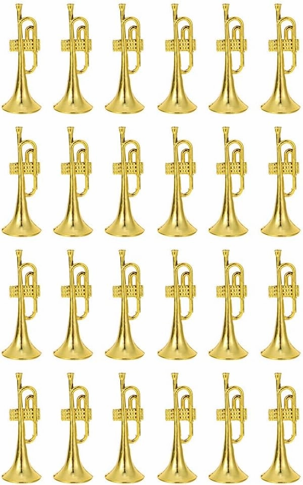 24pcs Gold Brass Trumpet Ornament Decoration - Golden Plastic Trumpet DIY Scene Decoration Music