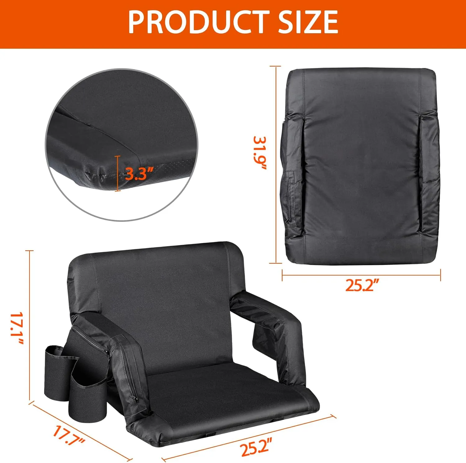 25'' Dual-Sided Heated Stadium Seat with Back Support & Wide Cushion, Portable Foldable Bleacher Chair with 3 Heat Levels and Hooks for Outdoor Sports, Camping, Events (Set of 2)