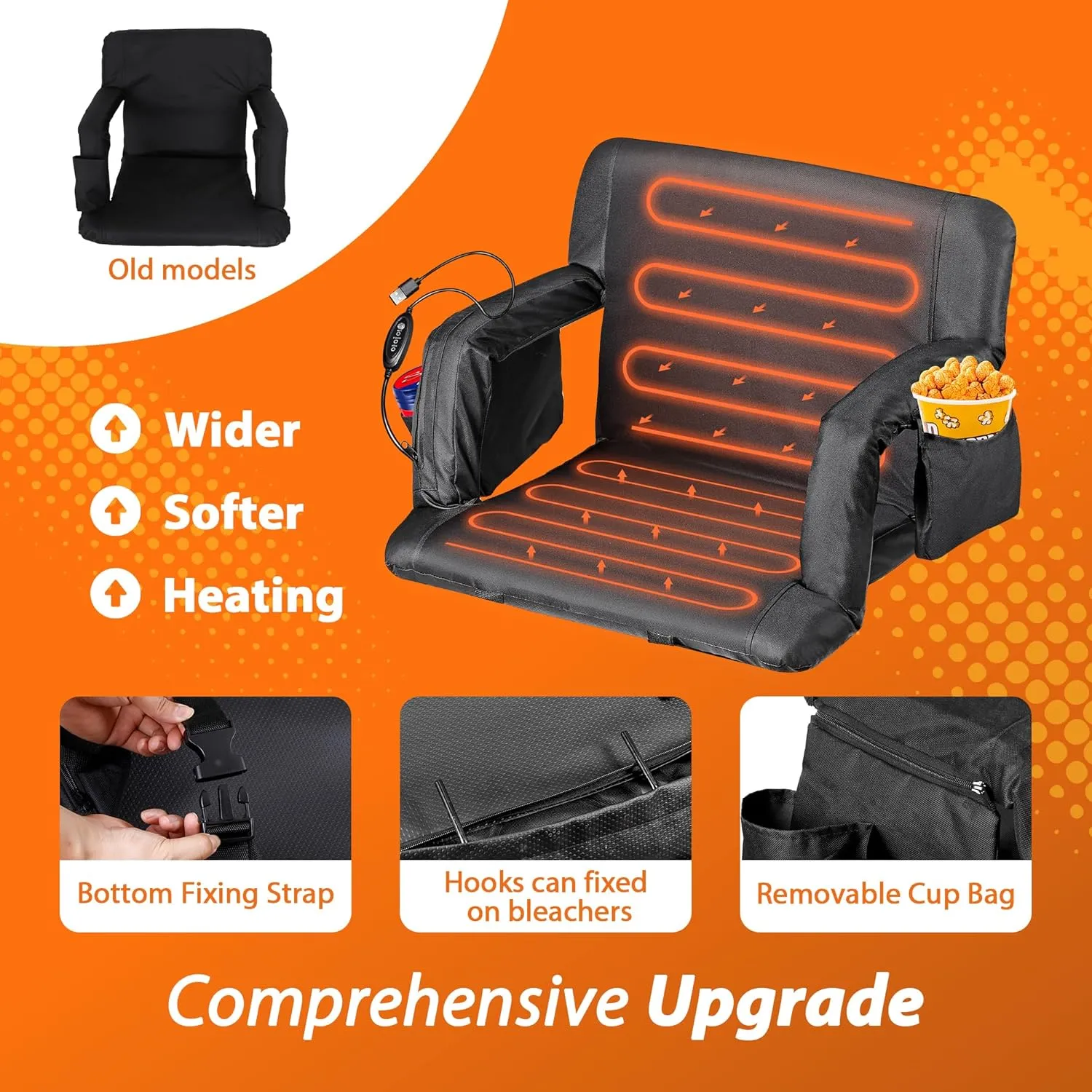 25'' Dual-Sided Heated Stadium Seat with Back Support & Wide Cushion, Portable Foldable Bleacher Chair with 3 Heat Levels and Hooks for Outdoor Sports, Camping, Events (Set of 2)