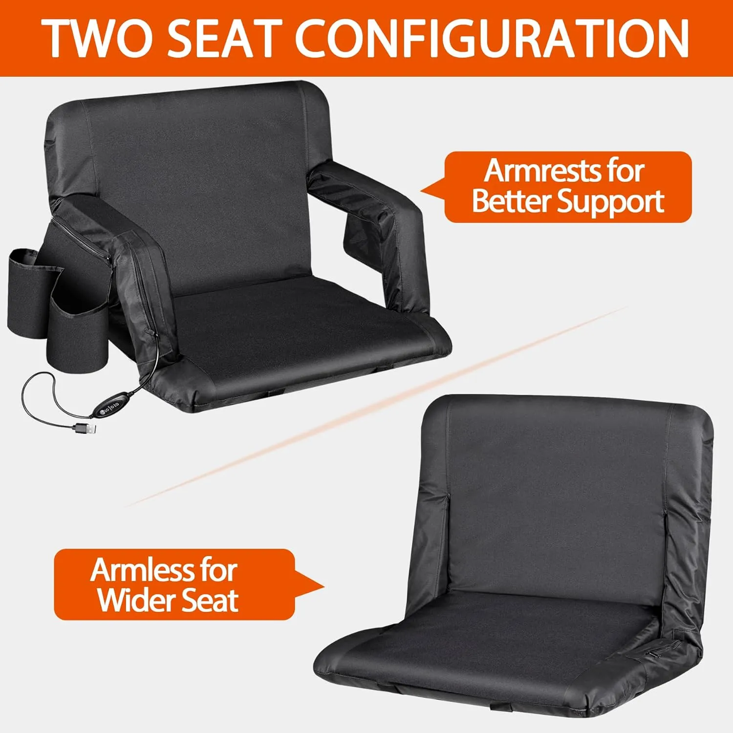 25'' Dual-Sided Heated Stadium Seat with Back Support & Wide Cushion, Portable Foldable Bleacher Chair with 3 Heat Levels and Hooks for Outdoor Sports, Camping, Events (Set of 2)