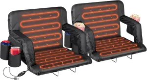 25'' Dual-Sided Heated Stadium Seat with Back Support & Wide Cushion, Portable Foldable Bleacher Chair with 3 Heat Levels and Hooks for Outdoor Sports, Camping, Events (Set of 2)