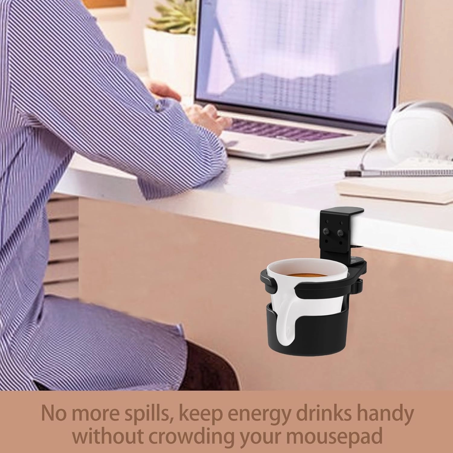 2Pcs Cup Holder Clamp for Desk 360° Rotating | Adjustable Tumbler Water Bottle Drink Holder Stand Fits 0-2.5" Thick Tables | Space-Saving for Office Gaming Study Desk Chair
