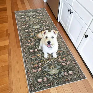 2x6 Washable Hallway Runner Rug: Vintage Floral Kitchen Rugs with Non-Slip Backing Low Pile Water Resistant Carpet for Living Room Bedroom Soft Floor Mat for Bathroom Laudry Dining Room(2x6,Green)