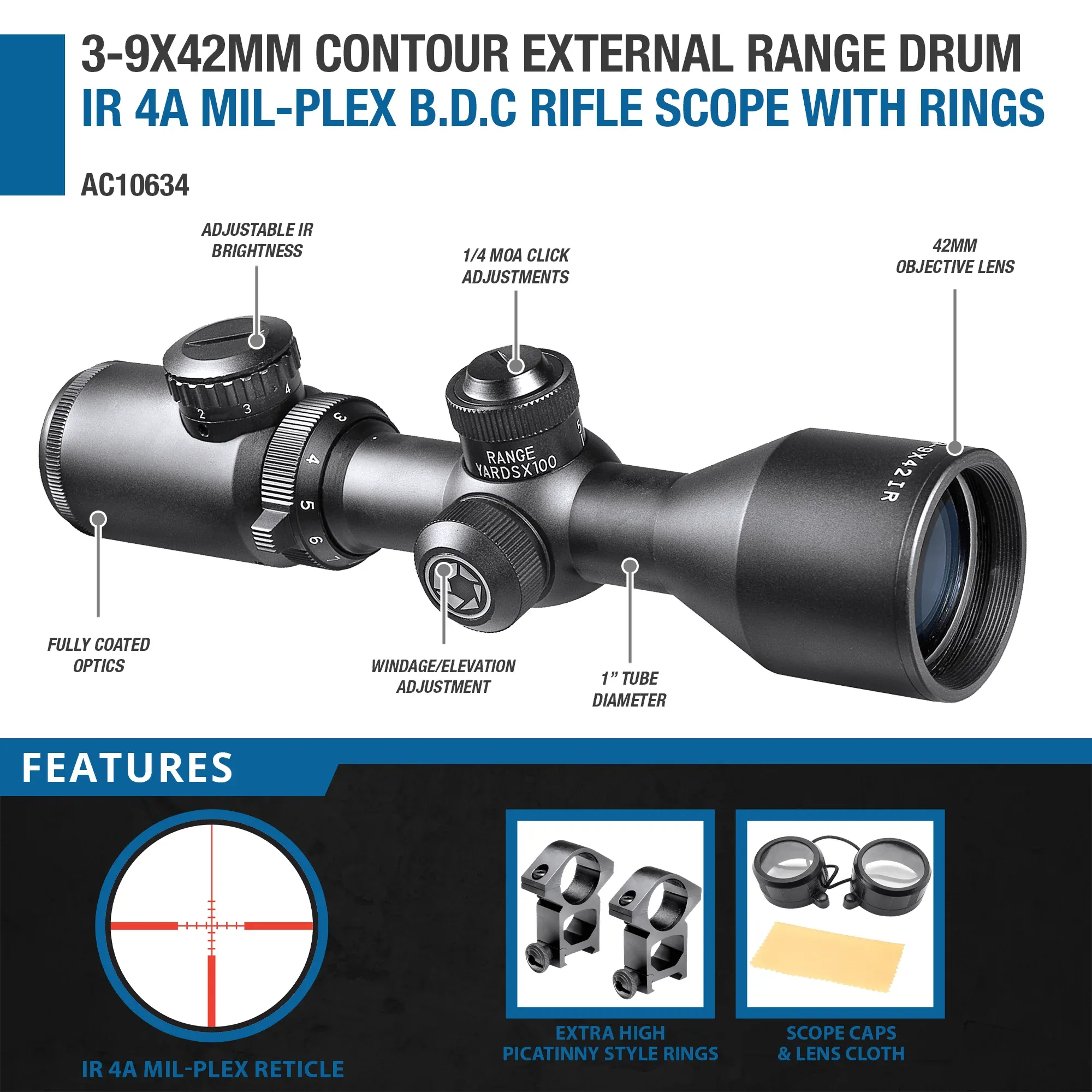 3-9x42mm Contour External Range Drum IR 4A Mil-Plex B.D.C. Rifle Scope with Rings | AC10634