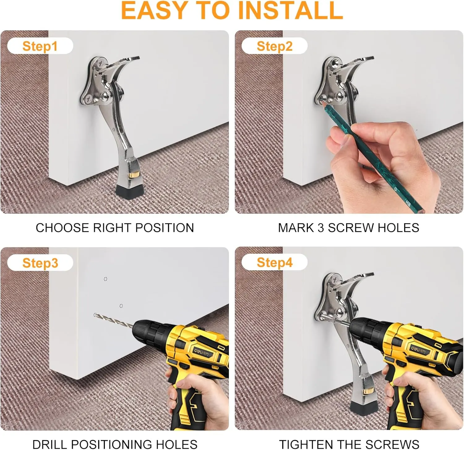 3 Packs Heavy Duty Kickdown Door Stopper, One Touch Adjustable Kickdown Door Stop for Heavy Doors, 4 in Metal Door Kickstand with Rubber Tip & Wall Protectors for Wide Doors