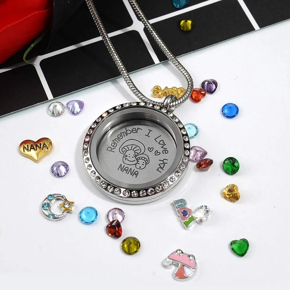 30mm Stainless Steel Living Memory Floating Locket Necklace Pendant with Charms and 24 Birthstones, Best Gifts for Women