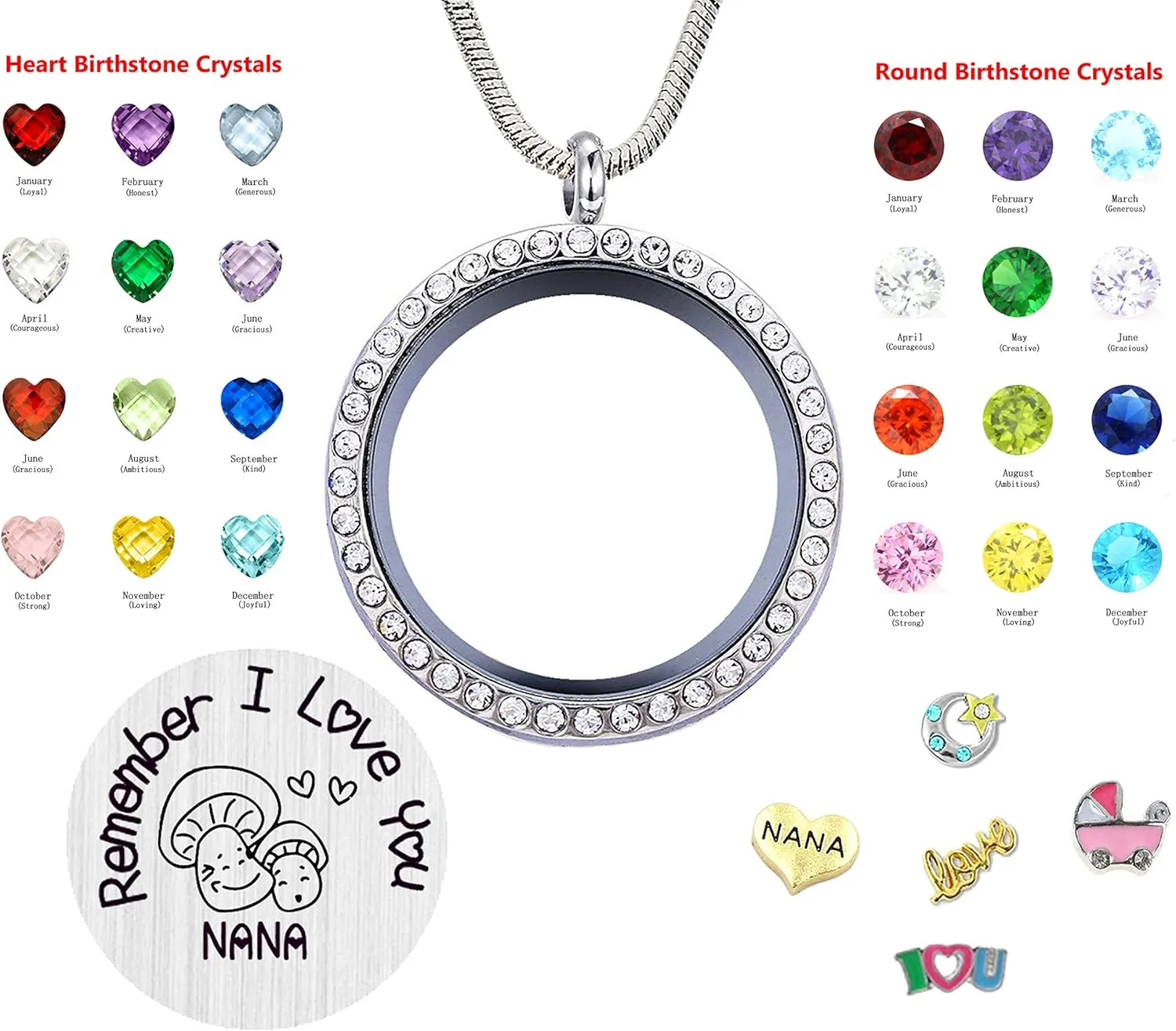 30mm Stainless Steel Living Memory Floating Locket Necklace Pendant with Charms and 24 Birthstones, Best Gifts for Women