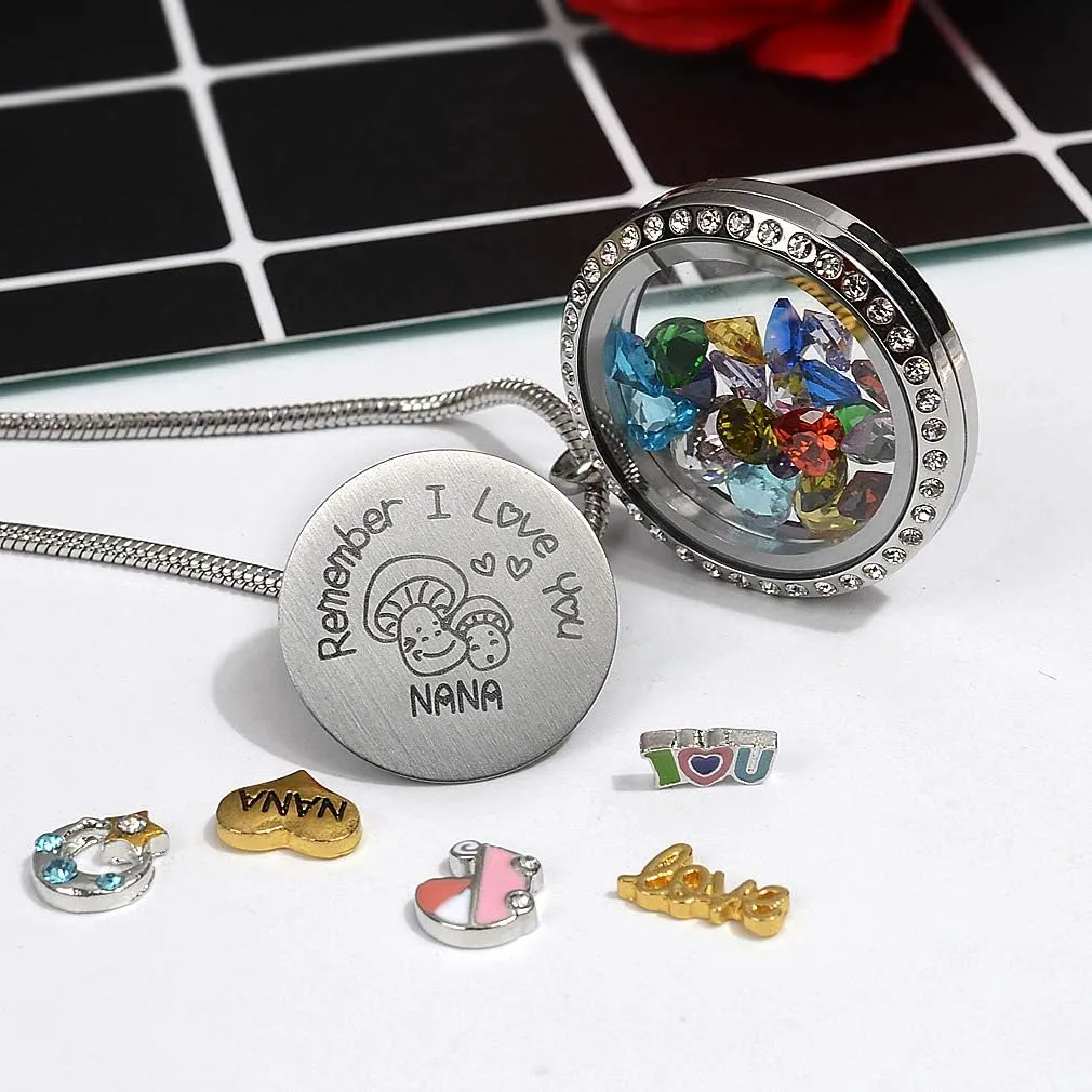 30mm Stainless Steel Living Memory Floating Locket Necklace Pendant with Charms and 24 Birthstones, Best Gifts for Women