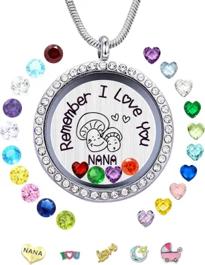 30mm Stainless Steel Living Memory Floating Locket Necklace Pendant with Charms and 24 Birthstones, Best Gifts for Women