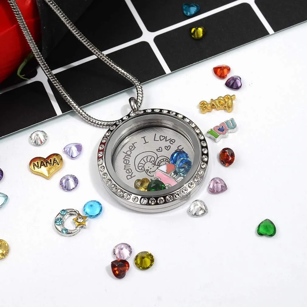 30mm Stainless Steel Living Memory Floating Locket Necklace Pendant with Charms and 24 Birthstones, Best Gifts for Women