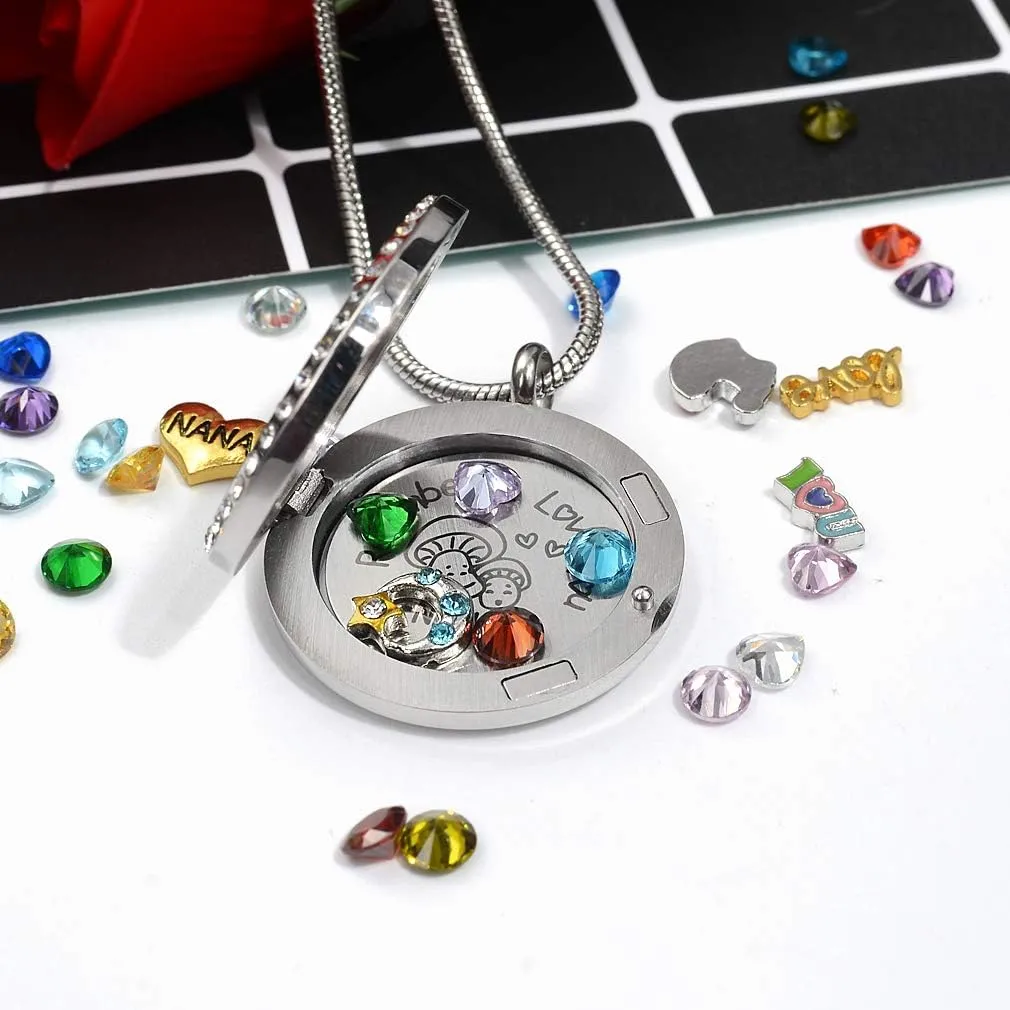 30mm Stainless Steel Living Memory Floating Locket Necklace Pendant with Charms and 24 Birthstones, Best Gifts for Women