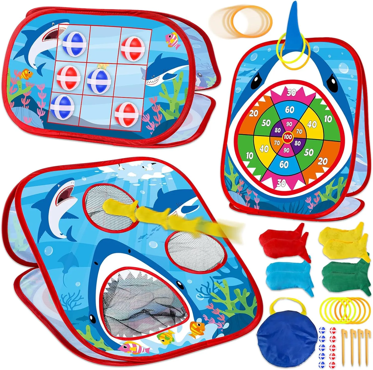 31PCS 4 in 1 Shark Bean Bag Toss Game for Kid Outdoor Ocean Toss Game with Shark Dorsal fin Foldable Cornhole for Party Supplies Board Toy for Toddler Tic Tac Toe Target Christmas