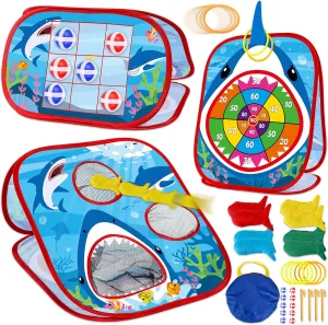 31PCS 4 in 1 Shark Bean Bag Toss Game for Kid Outdoor Ocean Toss Game with Shark Dorsal fin Foldable Cornhole for Party Supplies Board Toy for Toddler Tic Tac Toe Target Christmas