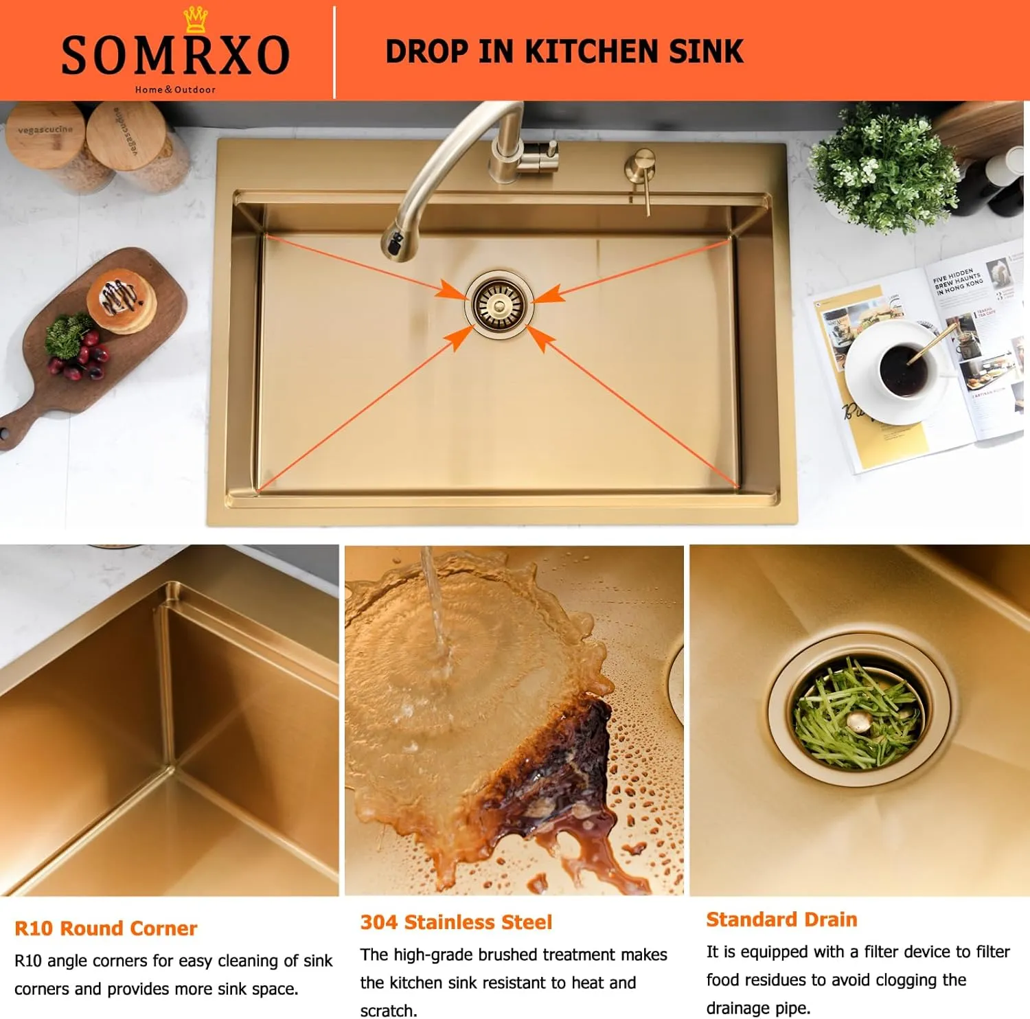 33x22 Gold Drop In Kitchen Sink - 16 Gauge Stainless Steel Kitchen Sink Single Bowl, 10 Inch Deep Workstation Sinks with Accessories for Residential & Commercial Use