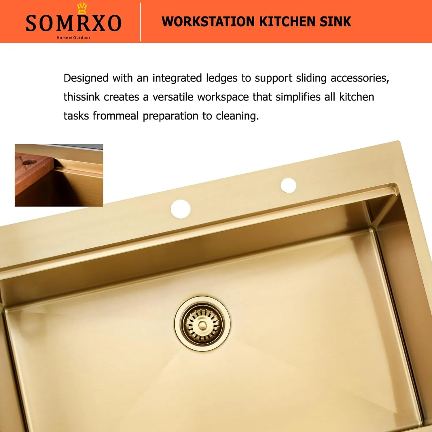 33x22 Gold Drop In Kitchen Sink - 16 Gauge Stainless Steel Kitchen Sink Single Bowl, 10 Inch Deep Workstation Sinks with Accessories for Residential & Commercial Use