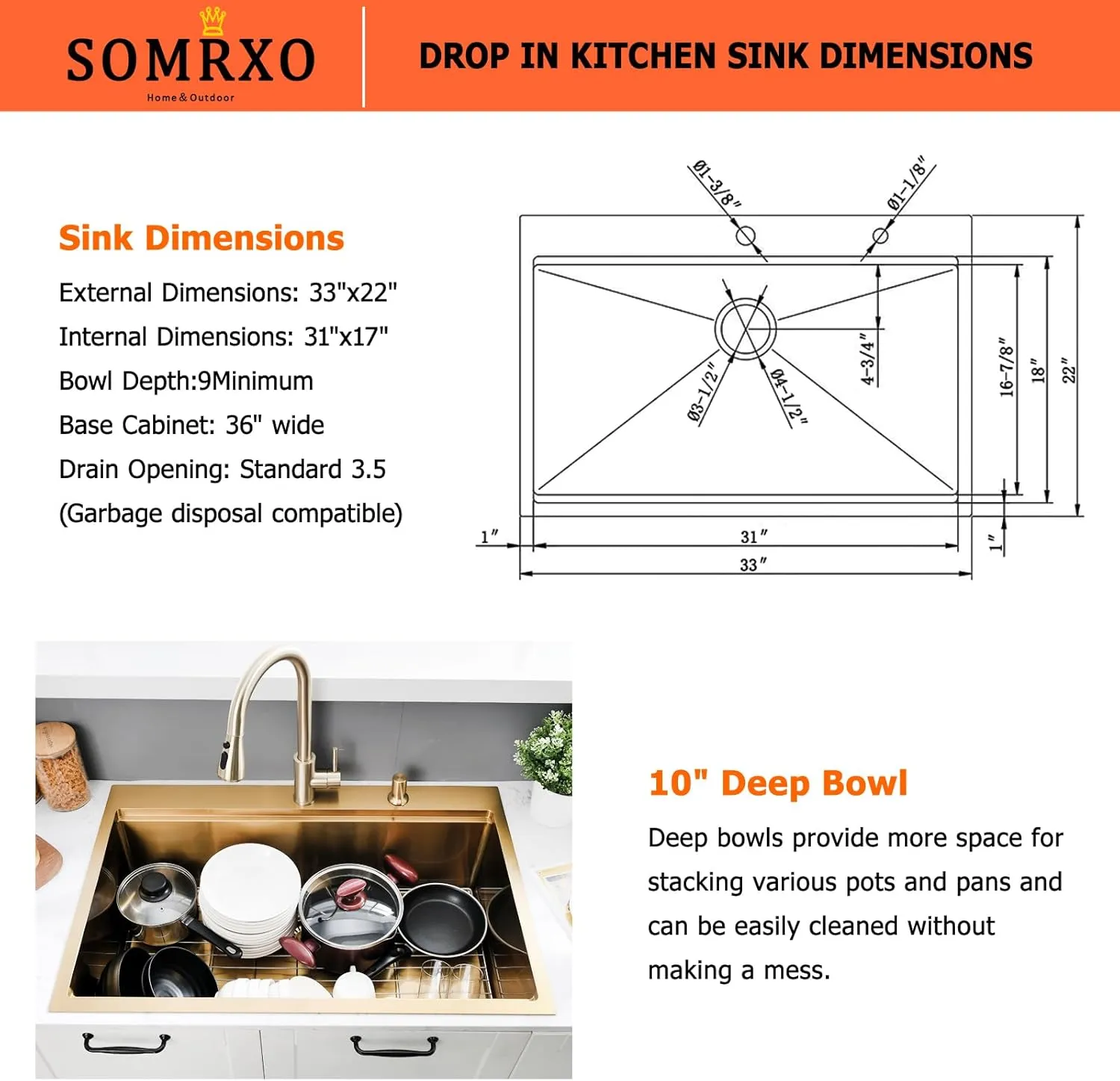 33x22 Gold Drop In Kitchen Sink - 16 Gauge Stainless Steel Kitchen Sink Single Bowl, 10 Inch Deep Workstation Sinks with Accessories for Residential & Commercial Use