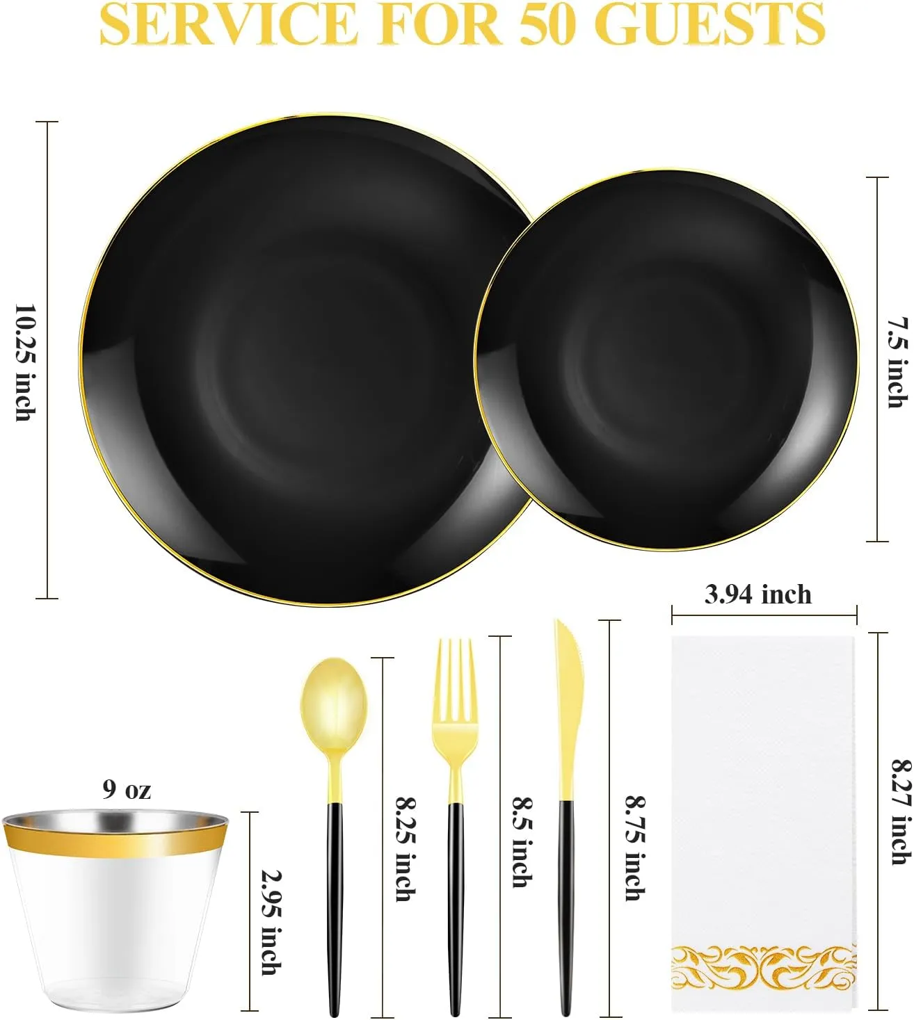 350 Pieces Black Gold Plastic Dinnerware Set, Gold Disposable Plates for Party, Include 100 Black Plates with 150 Plastic Cutlery, 50 Napkins and 50 Cups