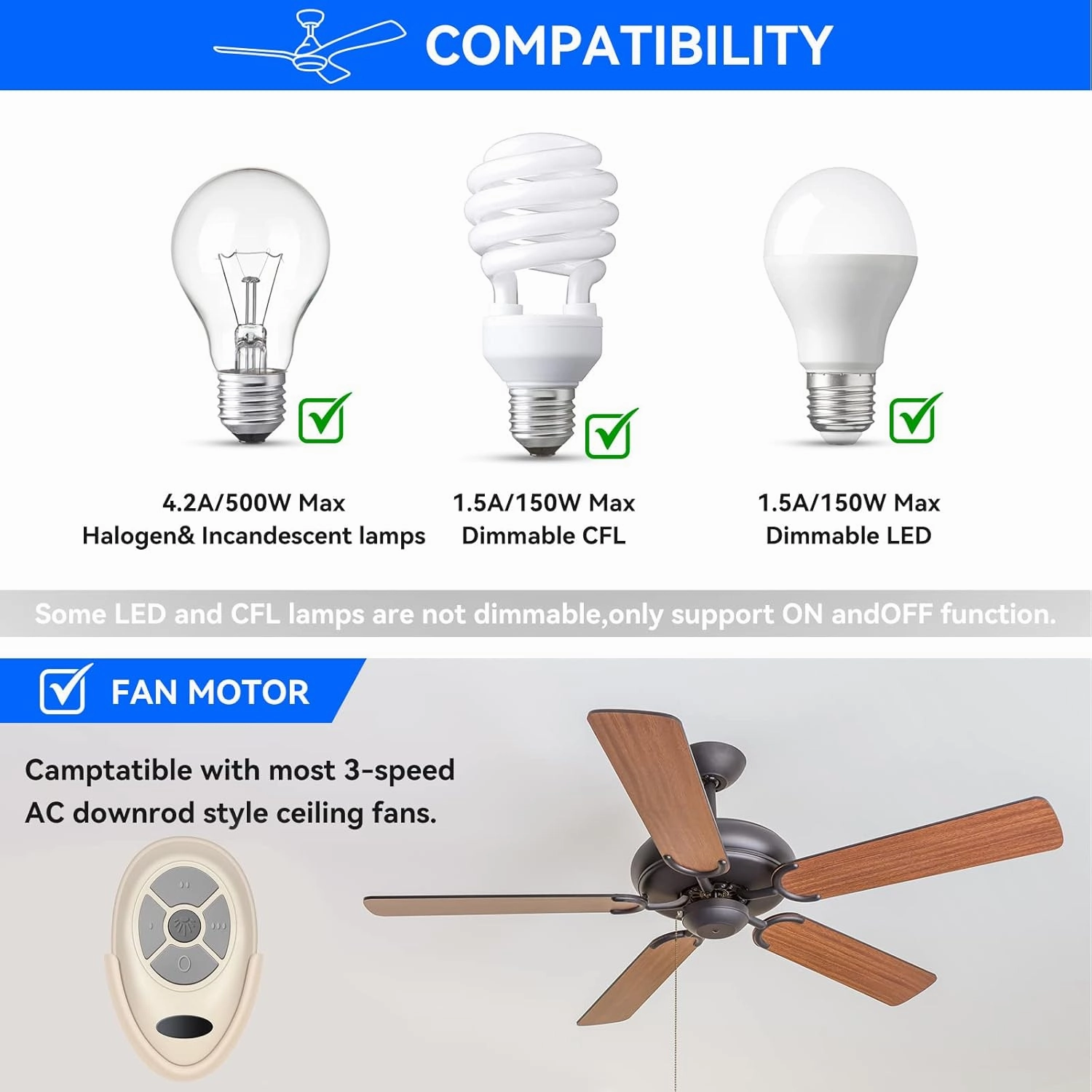 35T1 Ceiling Fan Remote Control Replacement for Harbor Breeze Allen Roth, 303.9MHz, 3-Speed, Light Dimmer, Learn Key, Replace FAN-11T FAN-53T FAN-HD L3HFAN35T FAN-35T L3HFAN35T1 FAN-35T1 (Remote Only)