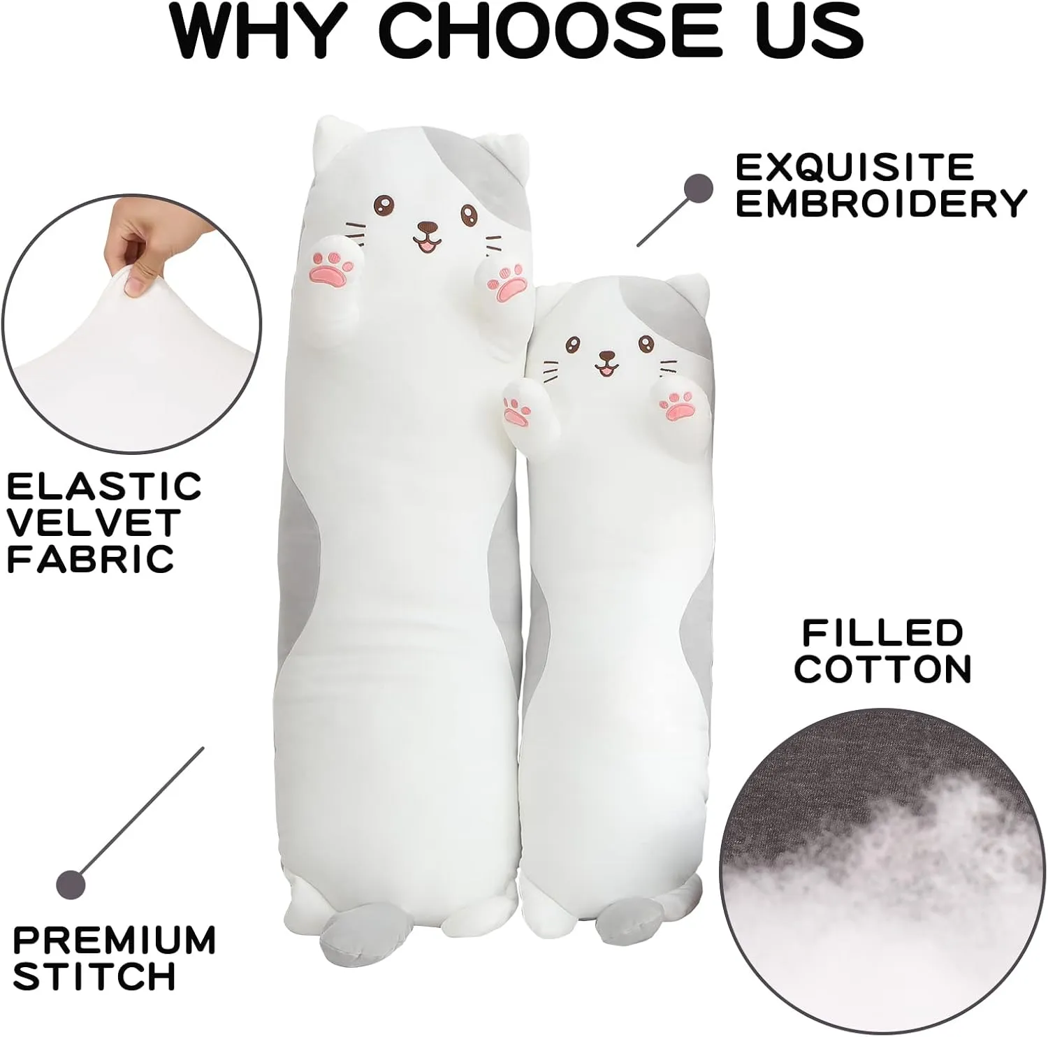 36" Cat Stuffed Animal, Soft Long Pillow Doll Cute Cartoon Kitten Plush Body Pillow Plushies Toy Gift for Kids, Girls, Birthdays, Easter