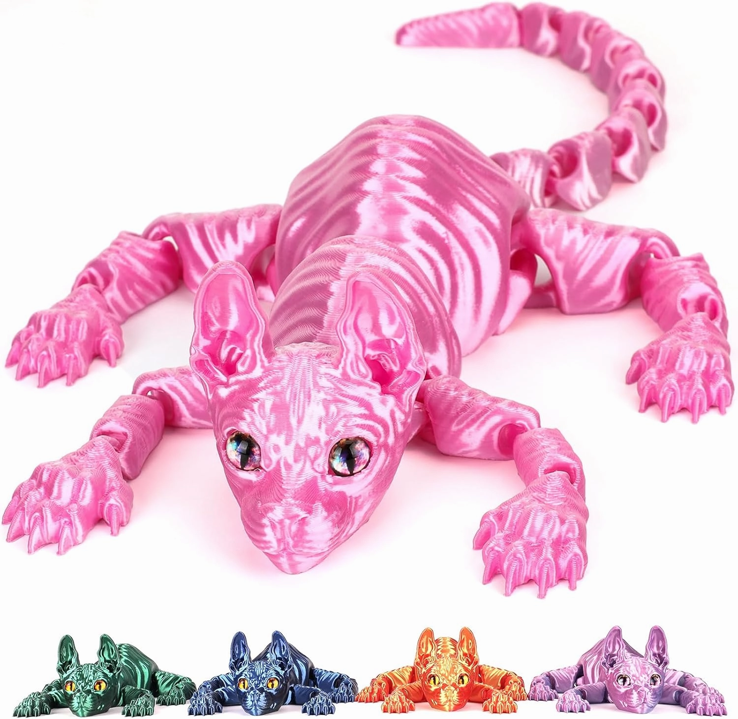 3D Printed Sphynx Cat, 12 Inch Realistic Hairless Cat,3D Printed Animals with Flexible Articulated Joints, Fidget Toy Adults for Stress Relief, Home Office Decor Desk Toys (Pink)