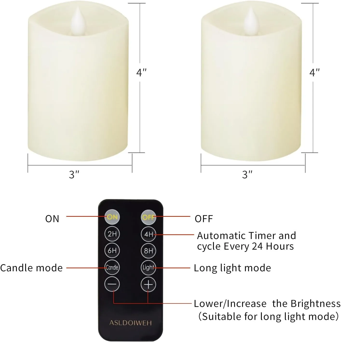 3x4 Flickering Flameless Candles Set of 2, 2AA Battery Life 600 Hours Battery Candles Flickering with Timer,4 inch Flameless Candles with Remote for Indoor/Outdoor, Ivory