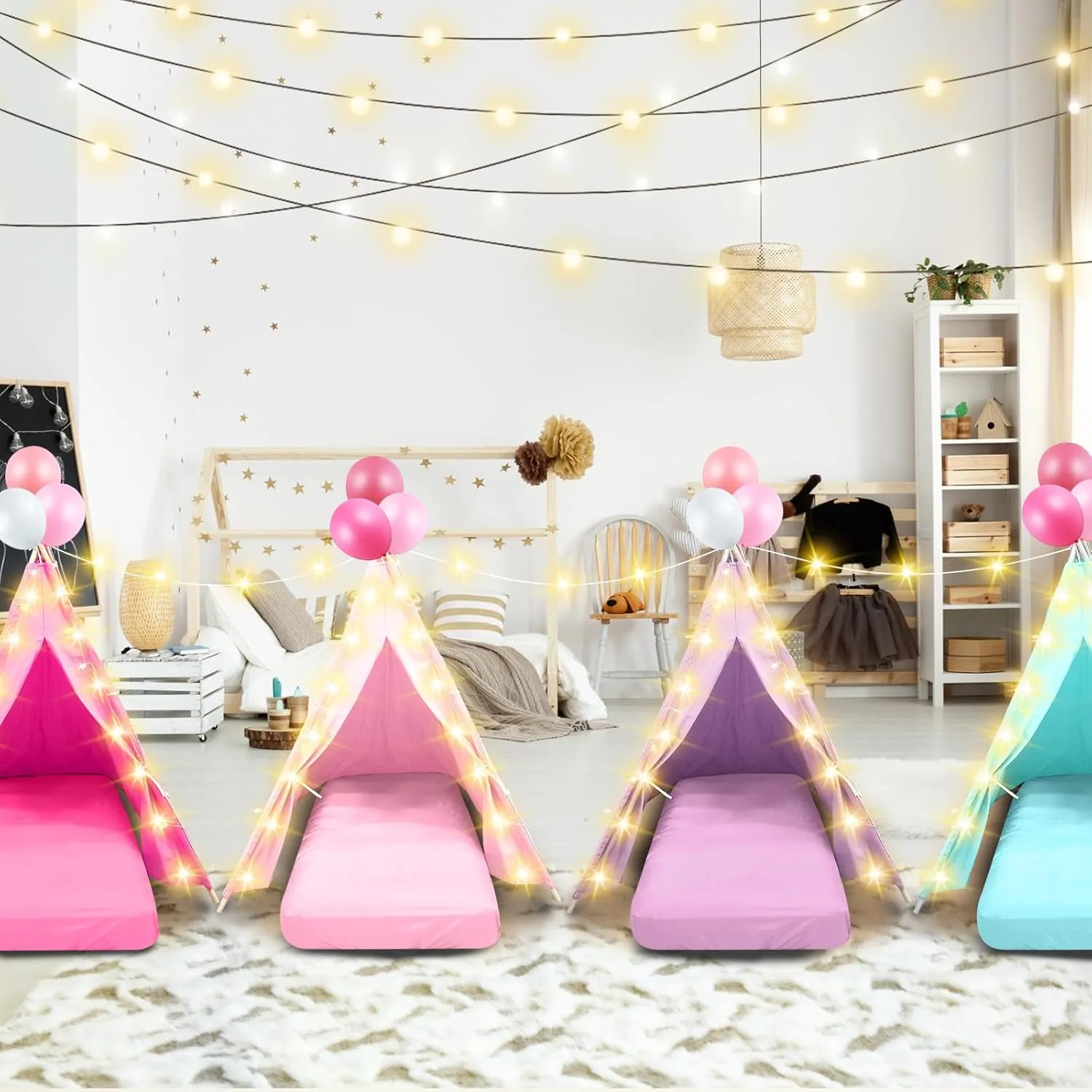 4 Pack Teepee Tent for Kids Slumber Party with Mattress,Fitted Sheet,Light String,Natural Cotton Washable Sleepover Tents for Girls Party Birthday Slumber Movie Night Supplies(Colorful)