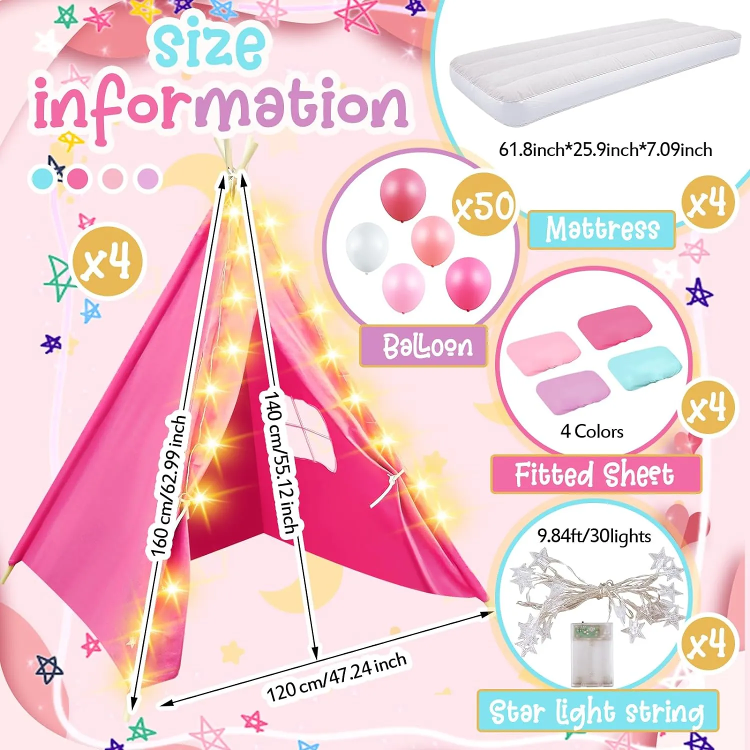 4 Pack Teepee Tent for Kids Slumber Party with Mattress,Fitted Sheet,Light String,Natural Cotton Washable Sleepover Tents for Girls Party Birthday Slumber Movie Night Supplies(Colorful)