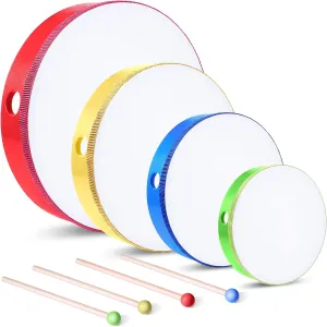 4 Pcs Kids Hand Drum Adults Wood Frame Drum Set with Stick 12 &10 & 8 & 6 Inch Percussion Musical Instruments for School Kids Adults Beginners Home Party Supplies(Multicolor)