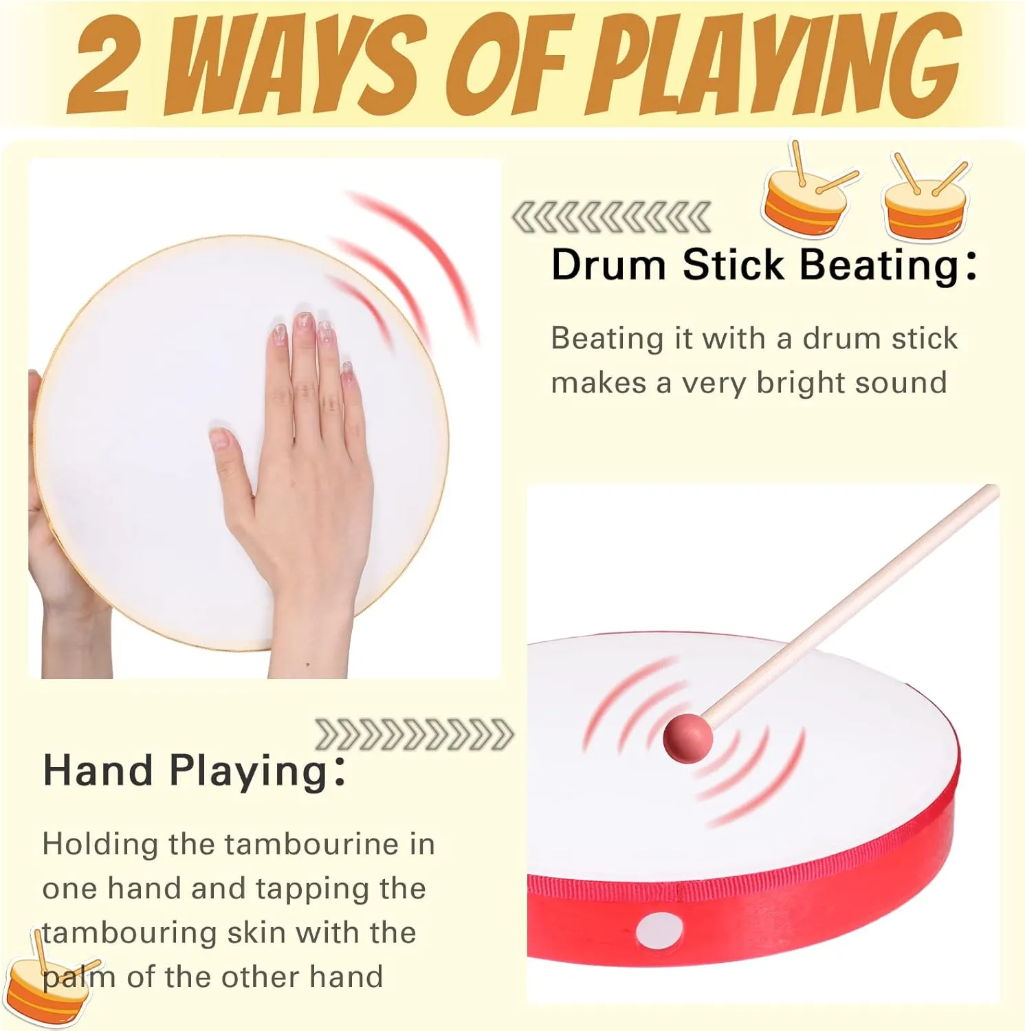 4 Pcs Kids Hand Drum Adults Wood Frame Drum Set with Stick 12 &10 & 8 & 6 Inch Percussion Musical Instruments for School Kids Adults Beginners Home Party Supplies(Multicolor)