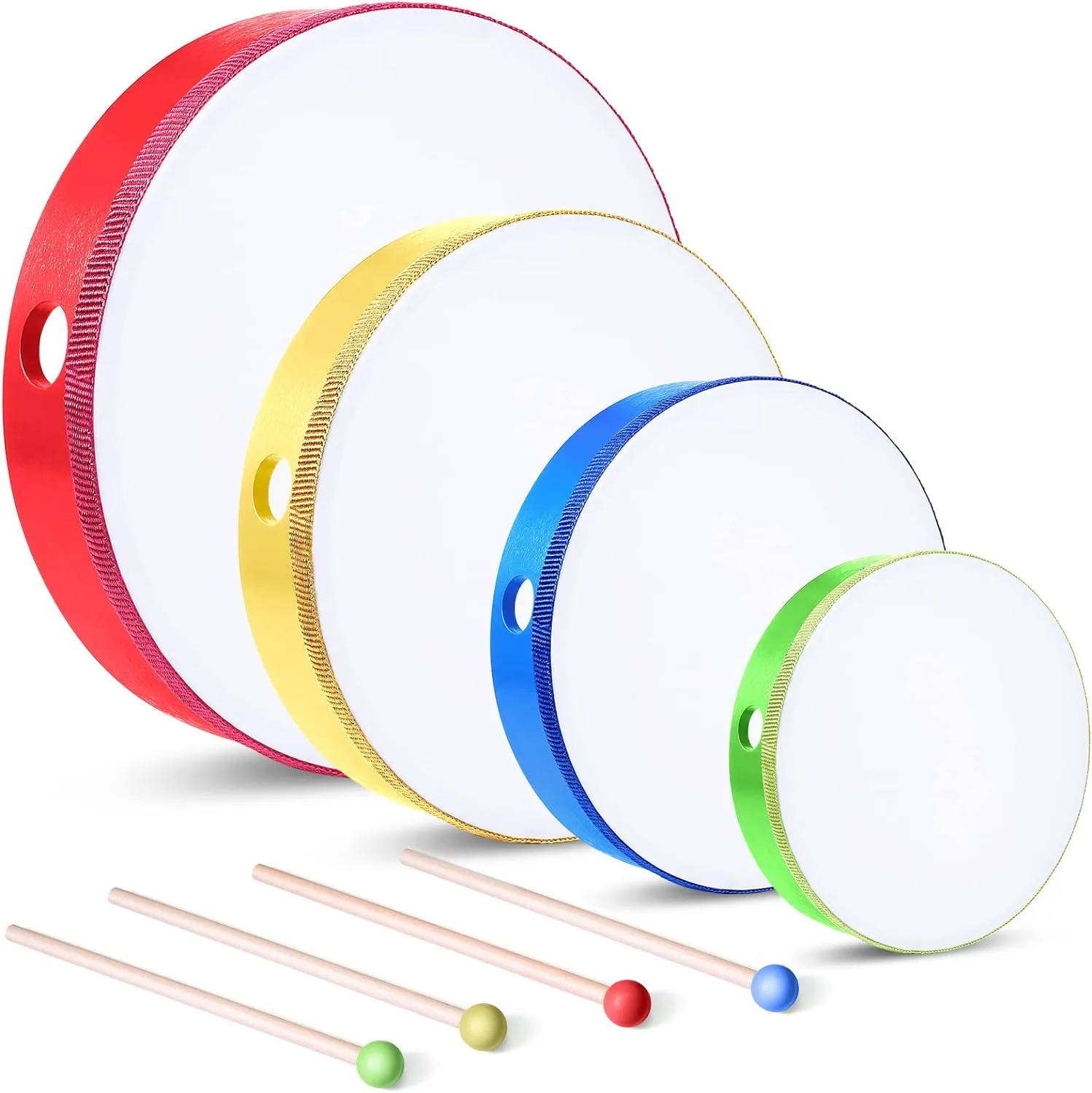 4 Pcs Kids Hand Drum Adults Wood Frame Drum Set with Stick 12 &10 & 8 & 6 Inch Percussion Musical Instruments for School Kids Adults Beginners Home Party Supplies(Multicolor)