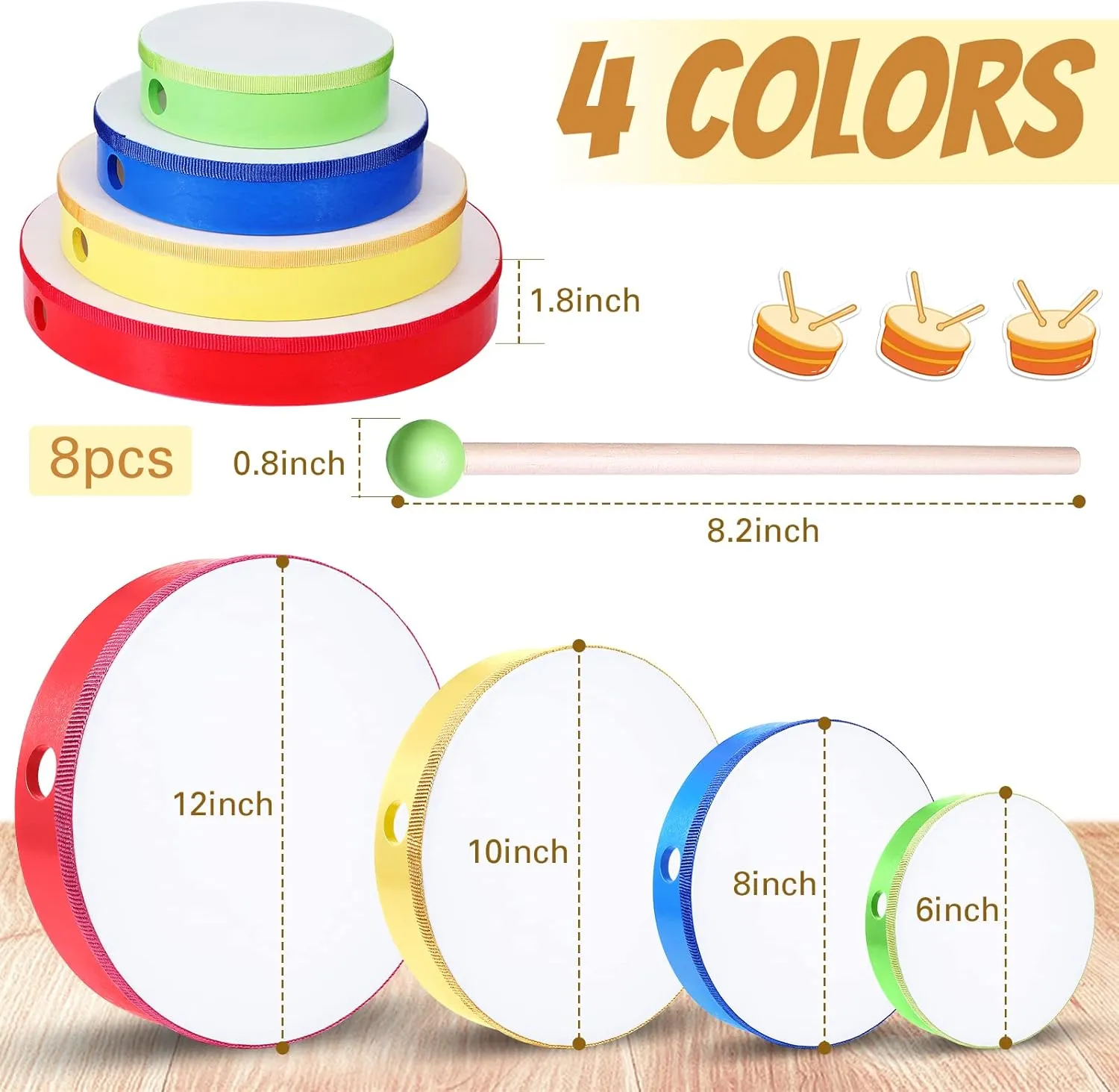 4 Pcs Kids Hand Drum Adults Wood Frame Drum Set with Stick 12 &10 & 8 & 6 Inch Percussion Musical Instruments for School Kids Adults Beginners Home Party Supplies(Multicolor)