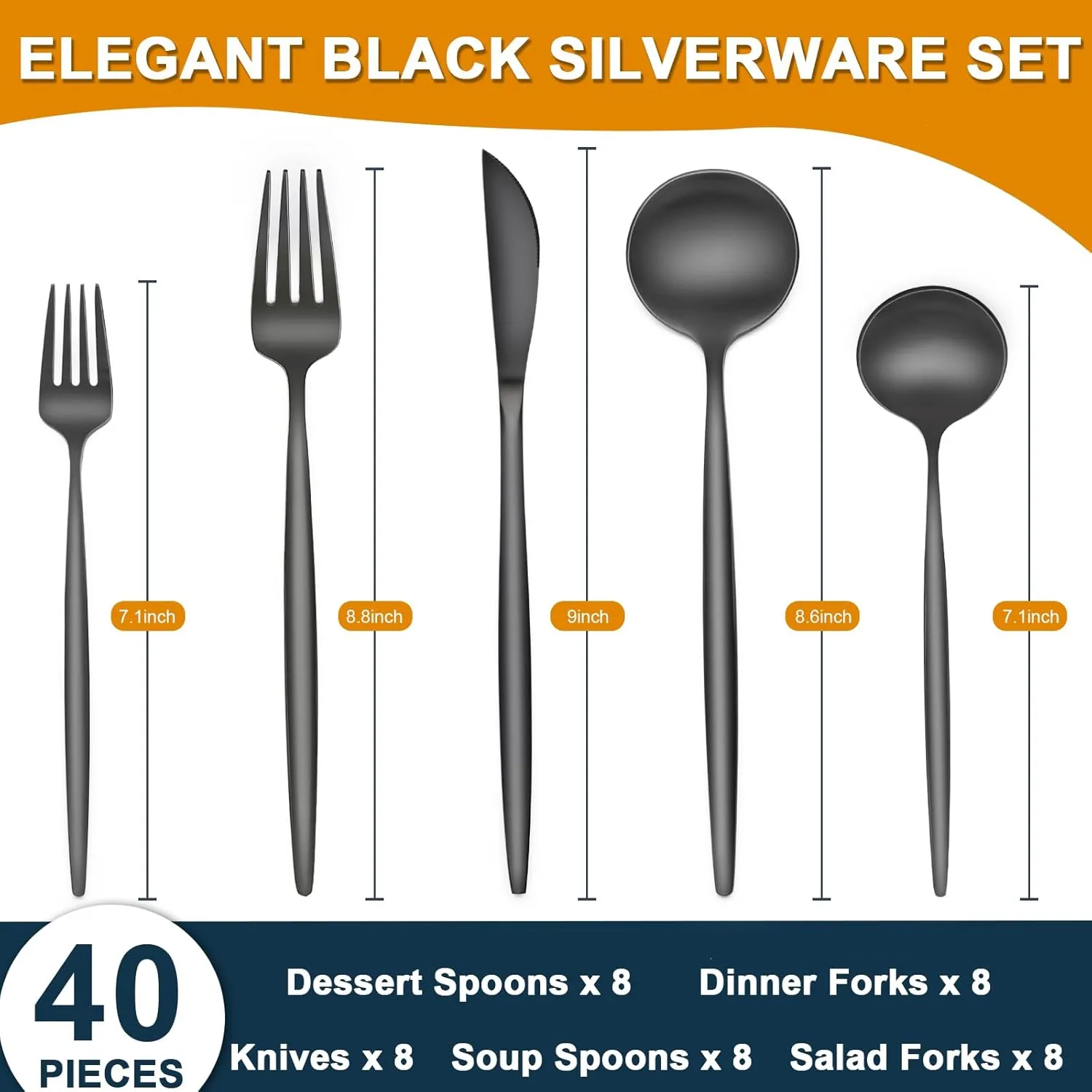 40 Pieces Black Silverware Set, Stainless Steel Flatware Set Service for 8, Tableware Cutlery Set, Utensils for Home, Restaurant, hotel, Include Knife Fork Spoon Set,Dishwasher Safe