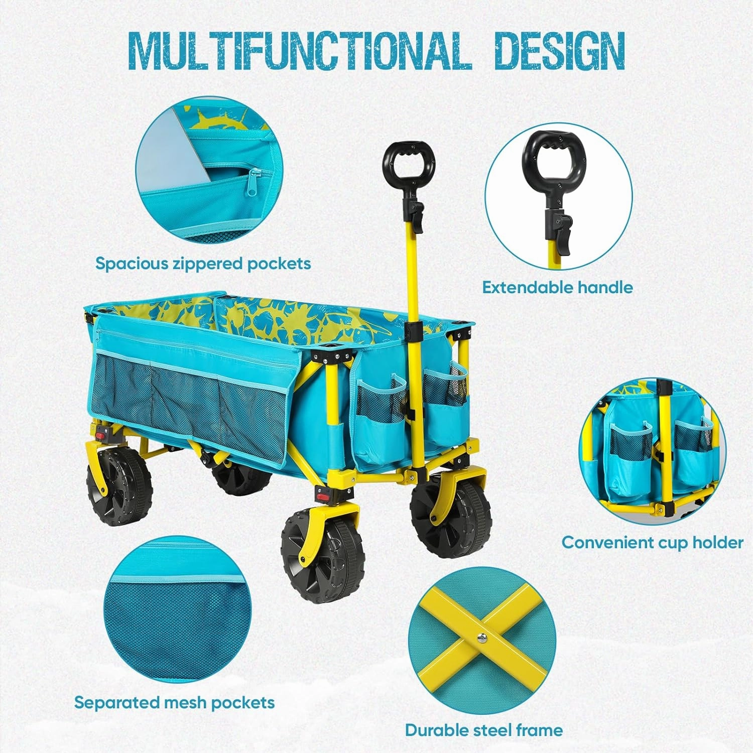49 Inch Extra Long Beach Wagon with Big Wheels for Sand, Collapsible Utility Beach Cart Heavy Duty Folding Wagon,Ideal for Outdoor Sand Camping Garden Pet