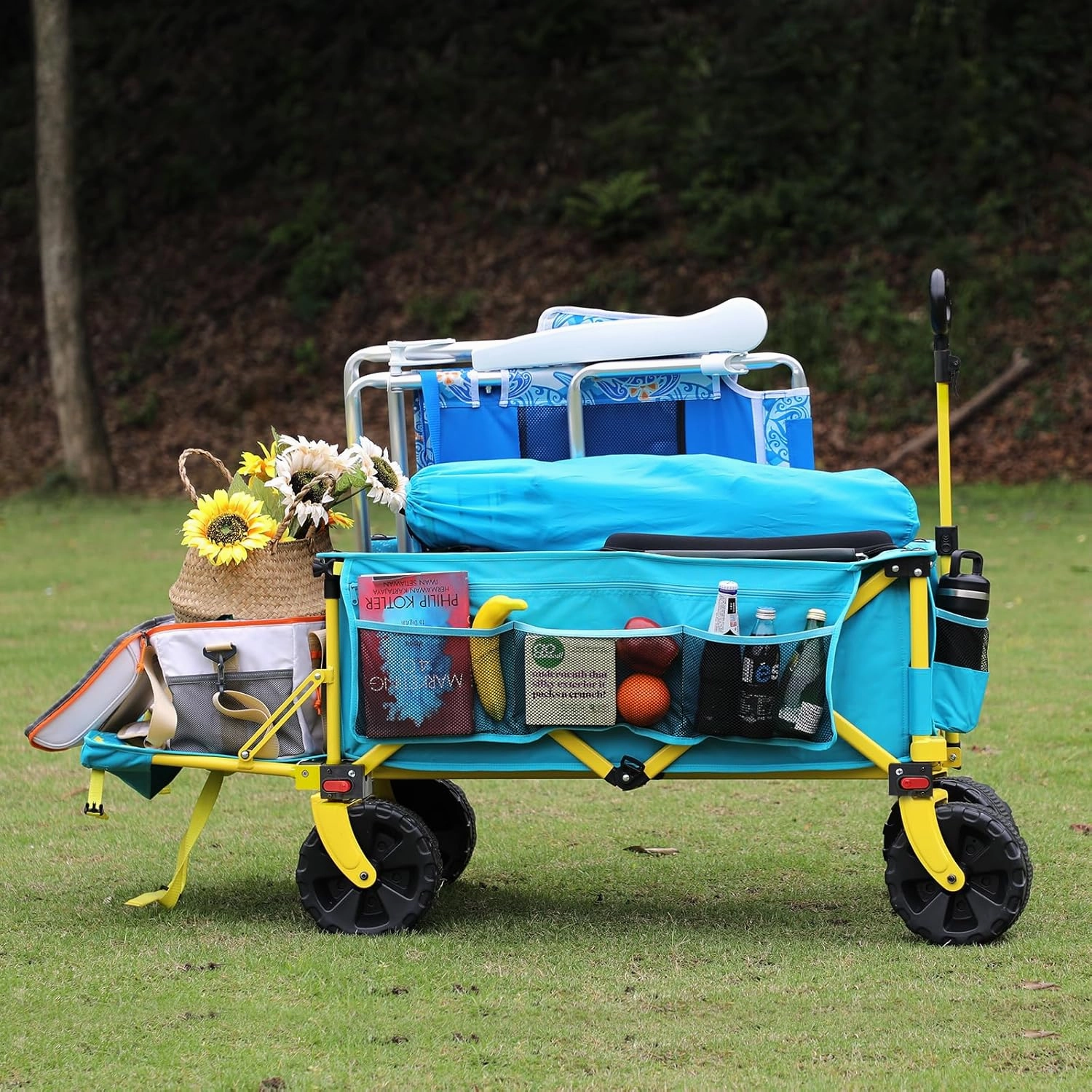 49 Inch Extra Long Beach Wagon with Big Wheels for Sand, Collapsible Utility Beach Cart Heavy Duty Folding Wagon,Ideal for Outdoor Sand Camping Garden Pet