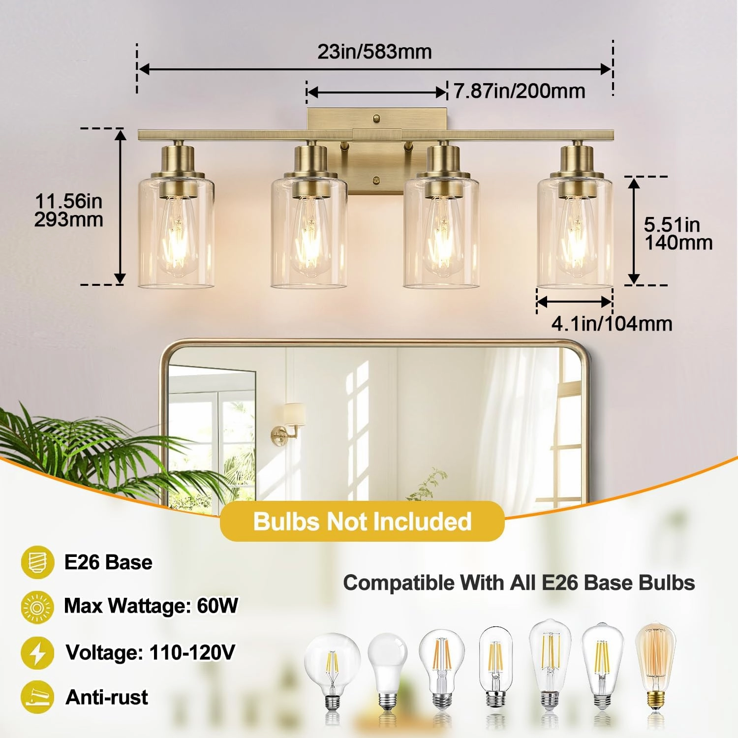 4 Light Bathroom Light Fixtures, Brass Vanity Lights for Bathroom with Clear Glass Shades, Modern Bathroom Wall Sconces for Mirror Living Room Cabinet