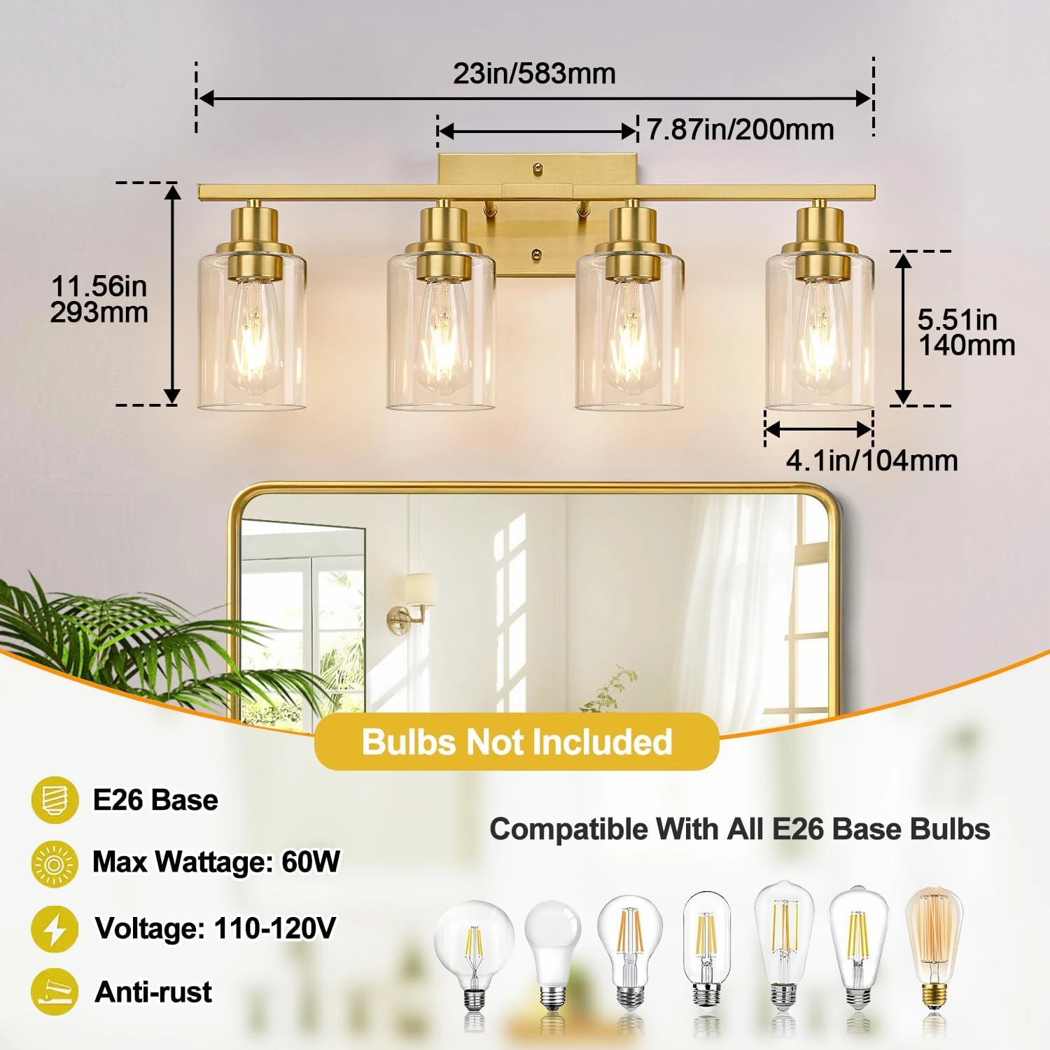 4-Light Vanity Lights with Clear Glass Shades, Brushed Gold Bathroom Light Fixtures Over Mirror, Modern Bathroom Wall Lamp for Mirror Living Room Cabinet Bedroom Porch