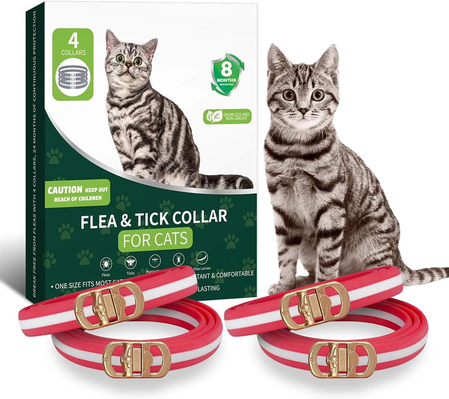 4 Pack Flea Collar for Cats, Flea and Tick Collar for Cats Red & White, 32 Months Flea and Tick Prevention for Cats, Cat Flea and Tick Treatment, Water-Resistant & Adjustable Cat Flea Collar
