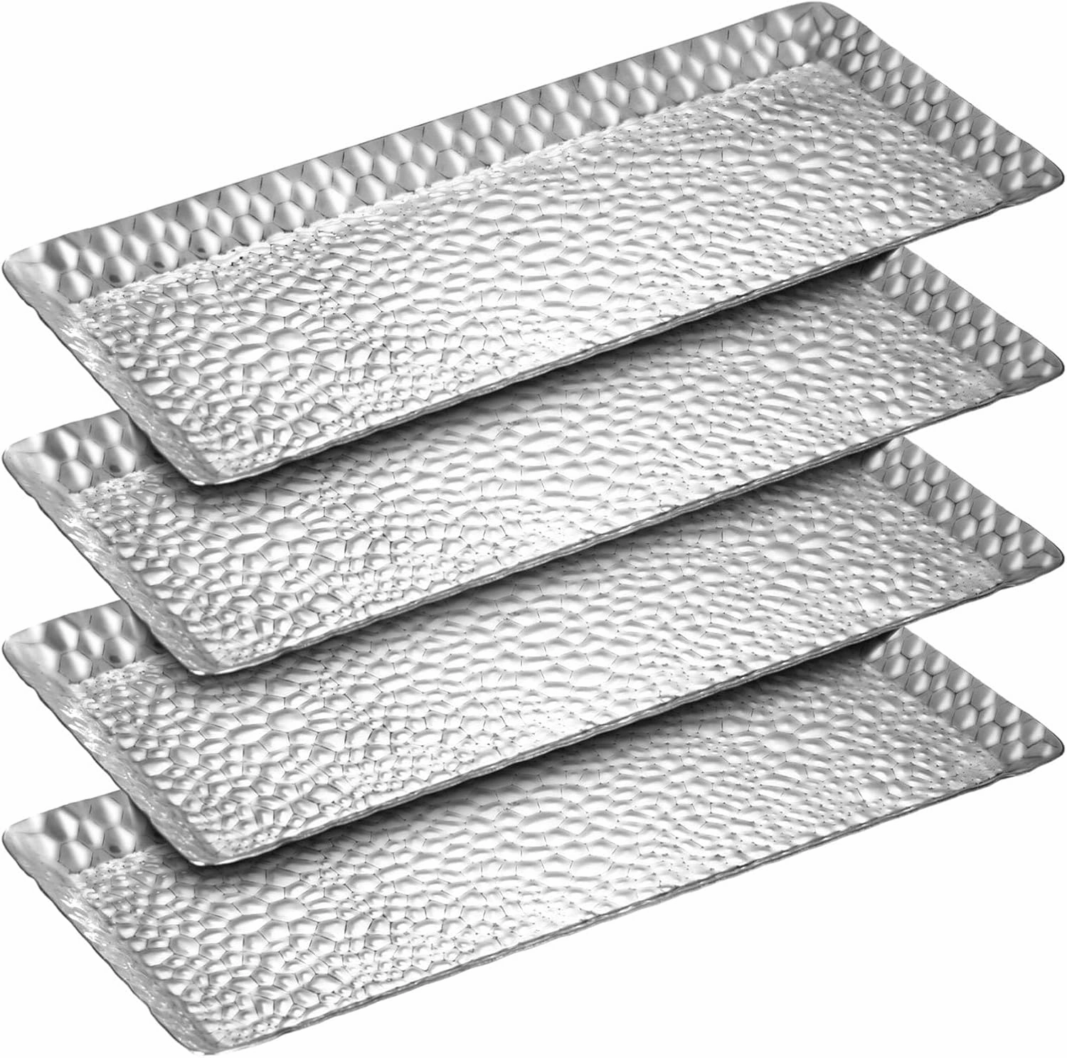 4 Pcs Metal Serving Tray 9.8 x 4.3 x 0.6 Inch Hammered Rectangle Stainless Steel Small Silver Tray Decorative for Vanity Platter Kitchen Bathroom Counter Storage Counter Organizer