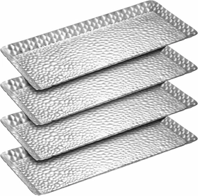 4 Pcs Metal Serving Tray 9.8 x 4.3 x 0.6 Inch Hammered Rectangle Stainless Steel Small Silver Tray Decorative for Vanity Platter Kitchen Bathroom Counter Storage Counter Organizer
