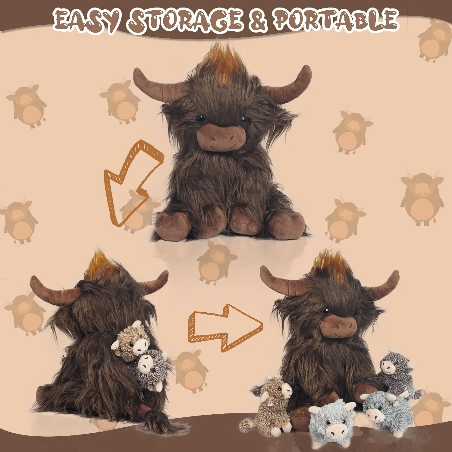 5 Pcs Highland Cow Stuffed Animal with Babies Inside Large Realistic Stuffed Highland Cow Plush Toys with 4 Baby Calves Highland Cows Set for Kids Girls Boys Birthday Easter Gifts Decor