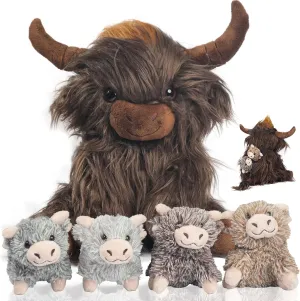 5 Pcs Highland Cow Stuffed Animal with Babies Inside Large Realistic Stuffed Highland Cow Plush Toys with 4 Baby Calves Highland Cows Set for Kids Girls Boys Birthday Easter Gifts Decor