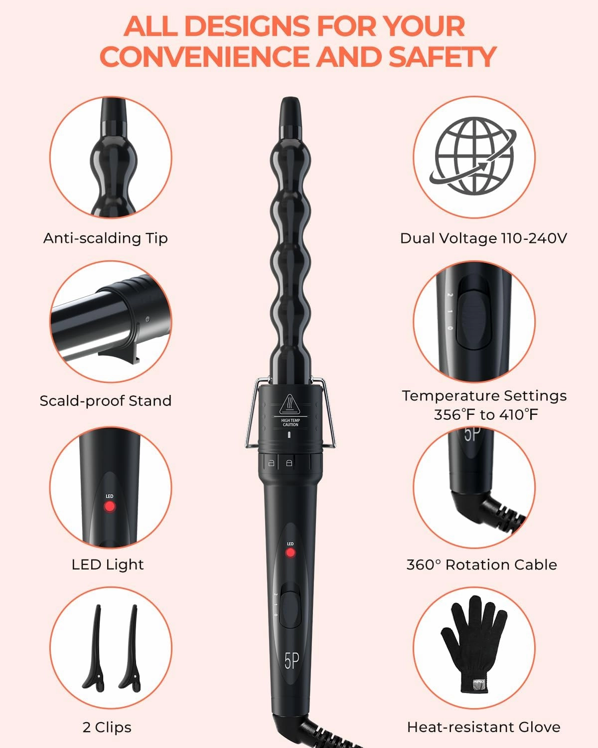 5 in 1 Curling Wand Set: Ohuhu Curling Iron Wand 5Pcs 0.35 to 1.25 Inch Interchangeable Ceramic Barrel Heat Protective Glove 2 Clips Dual Voltage Hair Curler for Girls Women Mother Gift Black
