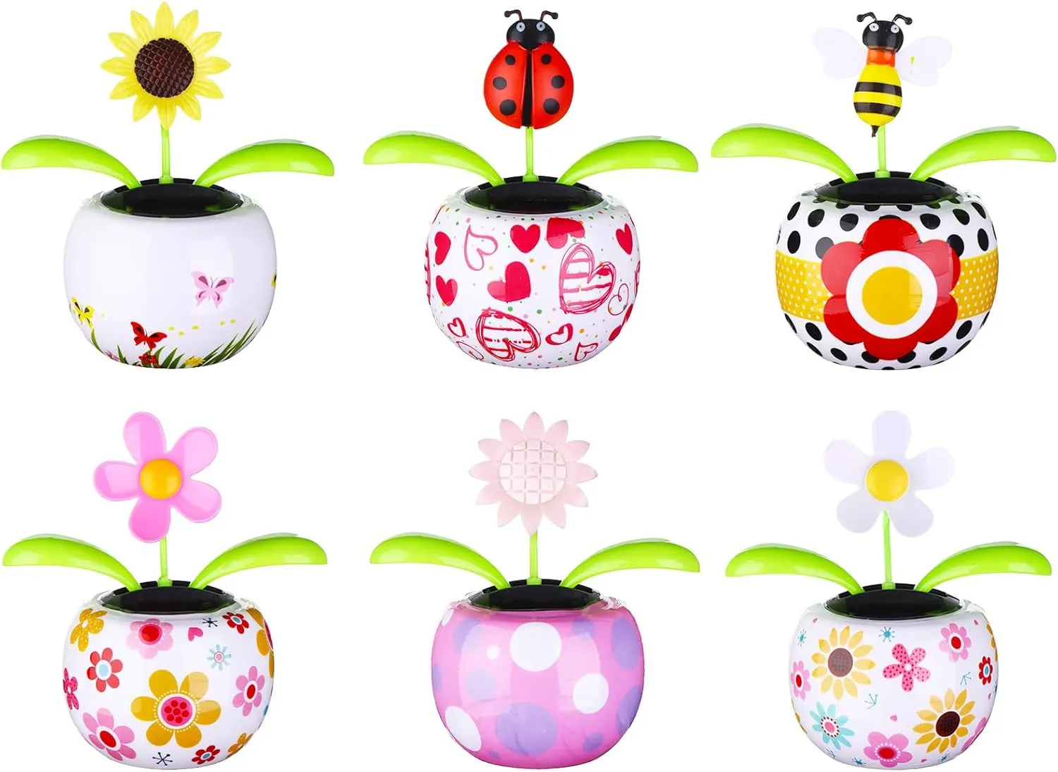 6 Solar Dancing Bee Toy Solar Powered Dancing Sun Flower in Colorful Pots Swinging Ladybug Shape Flip Flap Animated Bobblehead Dancer Window Sunflower Sun Catcher Car Dashboard Decor
