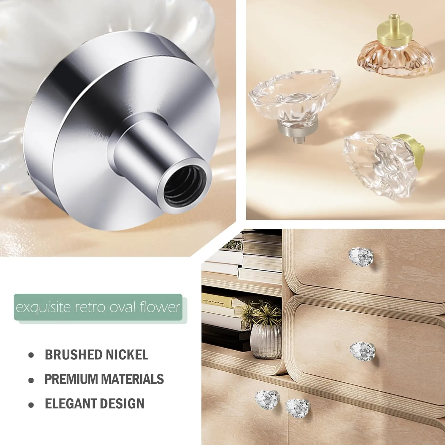 8 Pack Polished Chrome konbs, Glass Cabinet Knobs, Vintage Crystal Knobs and Pulls for Dresser Drawer,Oval