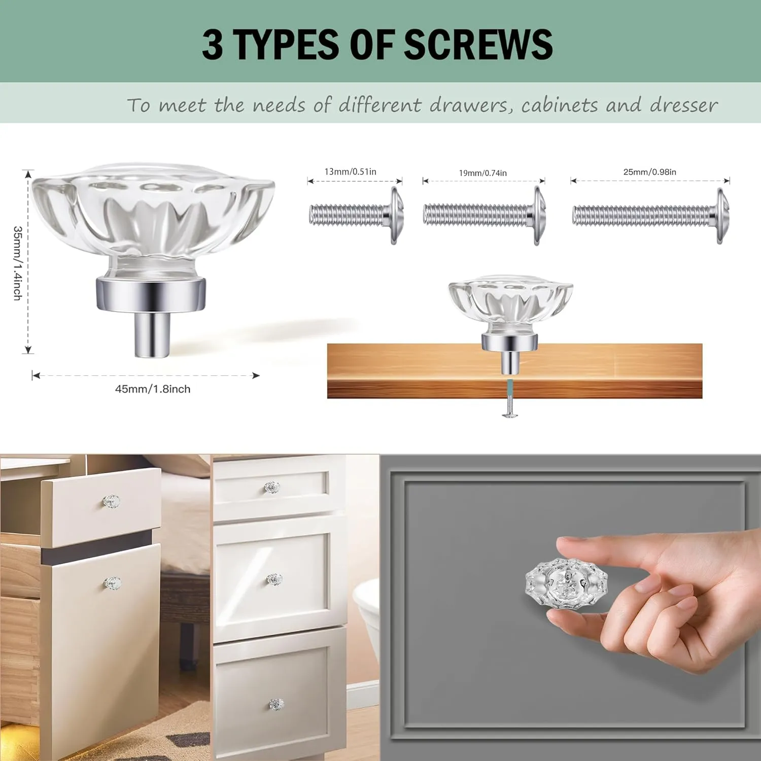 8 Pack Polished Chrome konbs, Glass Cabinet Knobs, Vintage Crystal Knobs and Pulls for Dresser Drawer,Oval