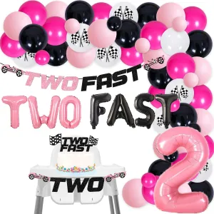 80Pcs Race Car Two Fast Party Decorations for Girls, Pink Racing Theme 2nd Birthday Party Decoration, Glitter Two Fast High Chair Banner Pink Black Balloons Garland Kit, for 2 Fast Birthday Party