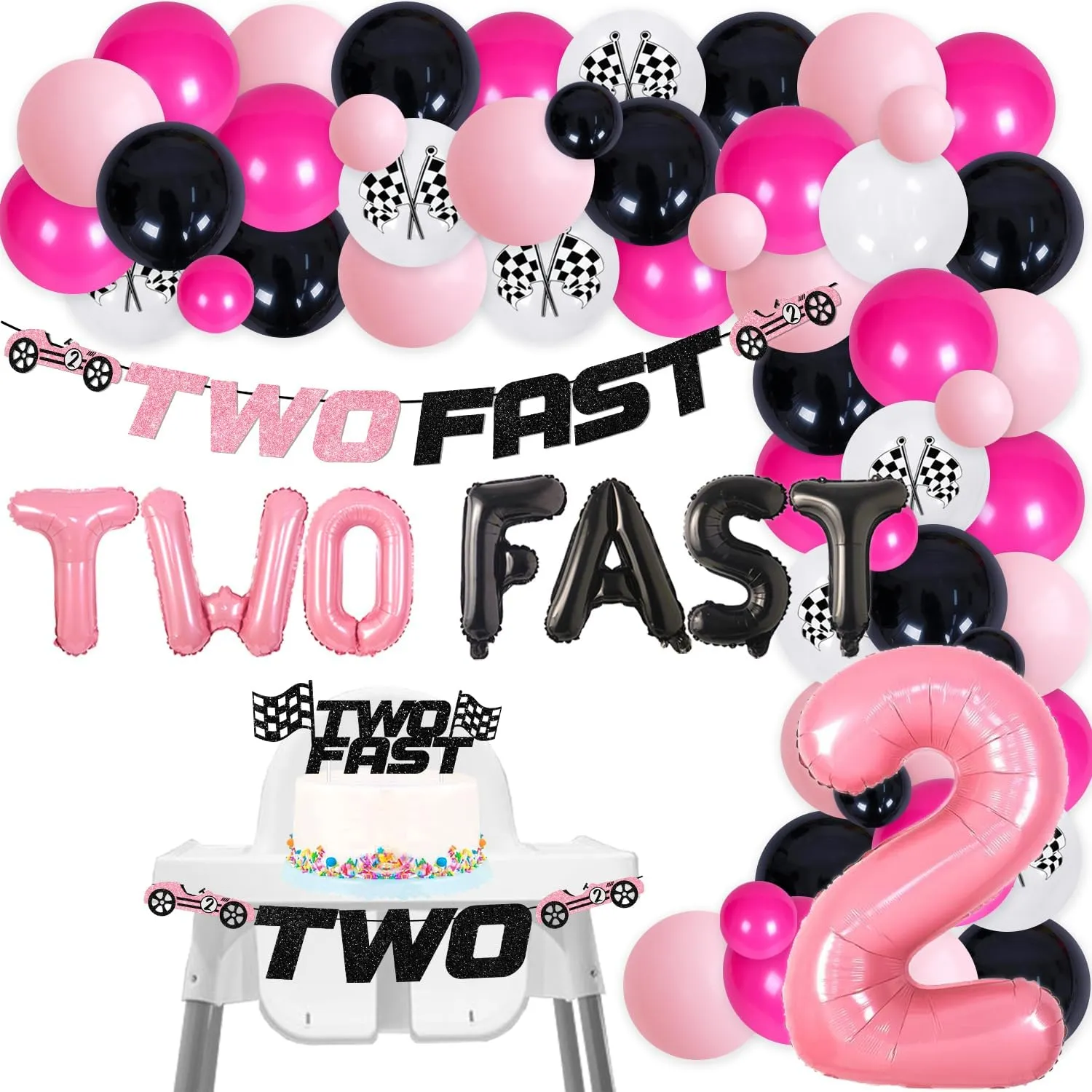 80Pcs Race Car Two Fast Party Decorations for Girls, Pink Racing Theme 2nd Birthday Party Decoration, Glitter Two Fast High Chair Banner Pink Black Balloons Garland Kit, for 2 Fast Birthday Party