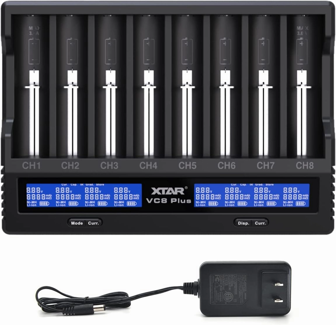 8 bays 21700 18650 Battery Charger XTAR New VC8 Plus 21700 Smart Charger with LCD Display,1A*8 Fast Charger for 3.6V 3.7V Li-ion 10440 18700 26650 1.2V Ni-MH AA AAA C Full Set with DC 12V 3A Adapter