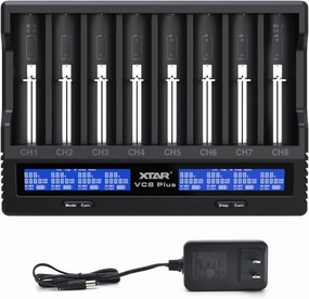 8 bays 21700 18650 Battery Charger XTAR New VC8 Plus 21700 Smart Charger with LCD Display,1A*8 Fast Charger for 3.6V 3.7V Li-ion 10440 18700 26650 1.2V Ni-MH AA AAA C Full Set with DC 12V 3A Adapter